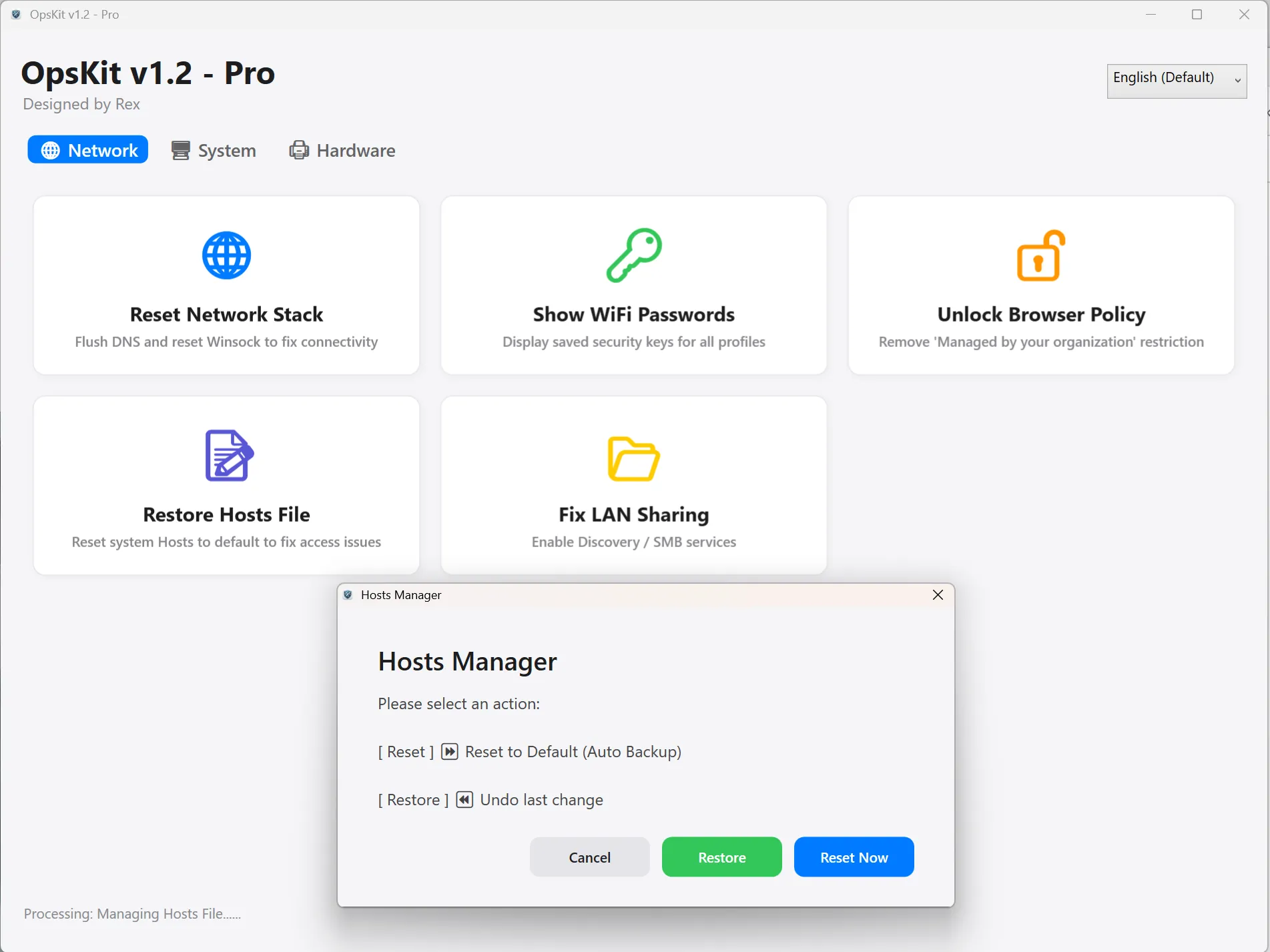OpsKit System category — Disk Cleanup, Restart Explorer, Ultimate Performance, Windows Update and more